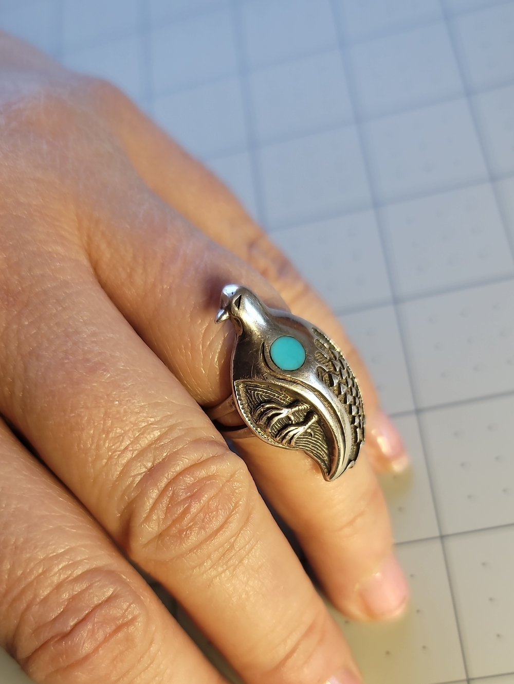 Vintage Carolyn Pollack Silver Bird Ring with Turquoise Accent